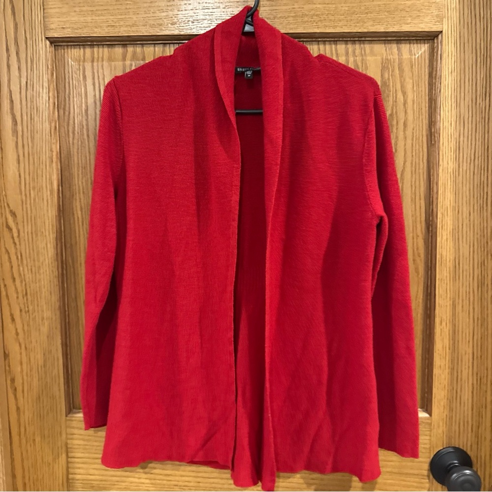 Eileen Fisher Red 100% Wool Open Front Cardigan